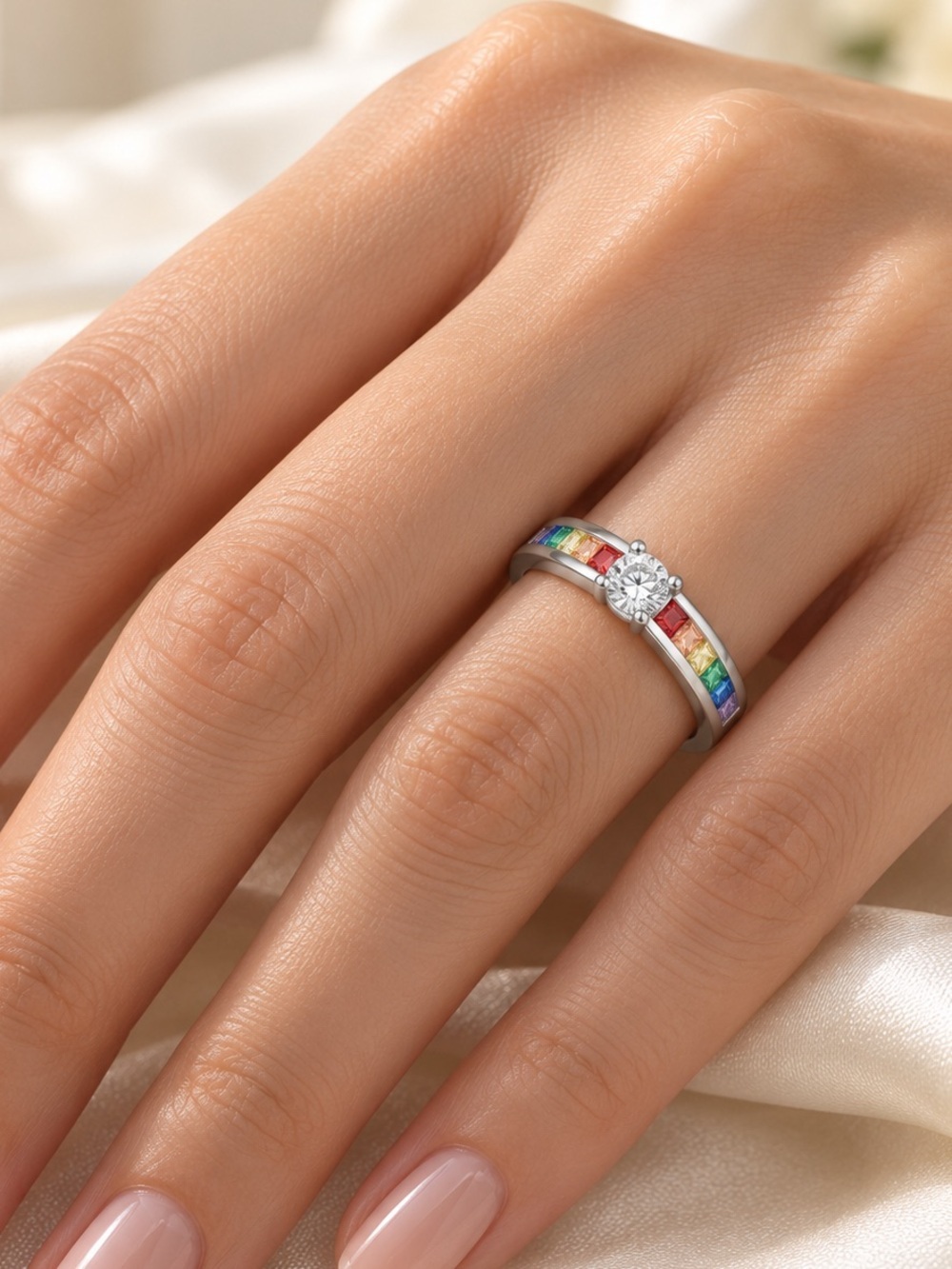 S925 Sterling Silver Rainbow Stone Solitaire Ring (R94)